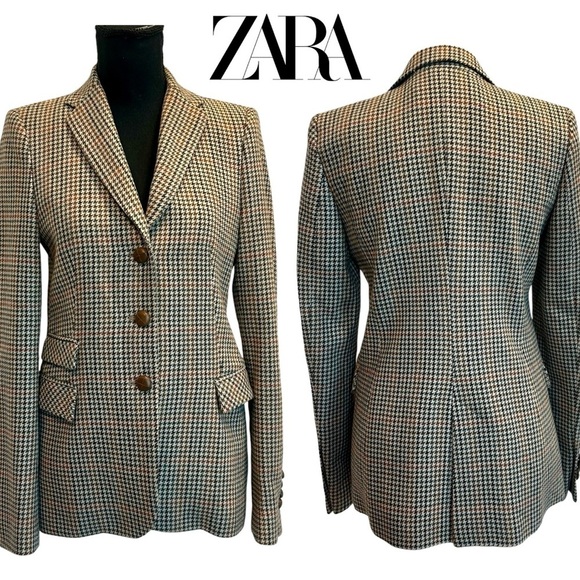 Zara tan brown houndstooth check plaid single breasted button front blazer Sz XS - Picture 15 of 15